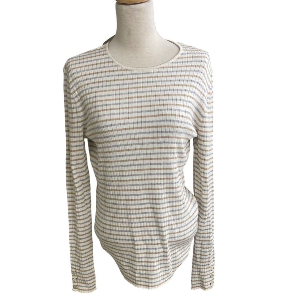 J.McLaughlin Annette Sweater Womens Large NWT Tan Grey Striped Ribbed Knit